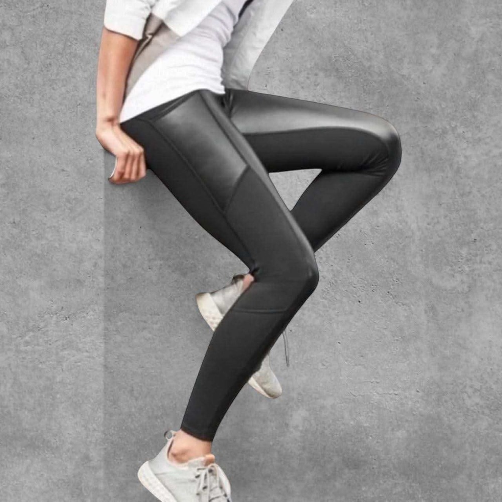 Athleta Leggings Women XS Black Faux Leather Front Panel Side Pockets Edgy Moto
